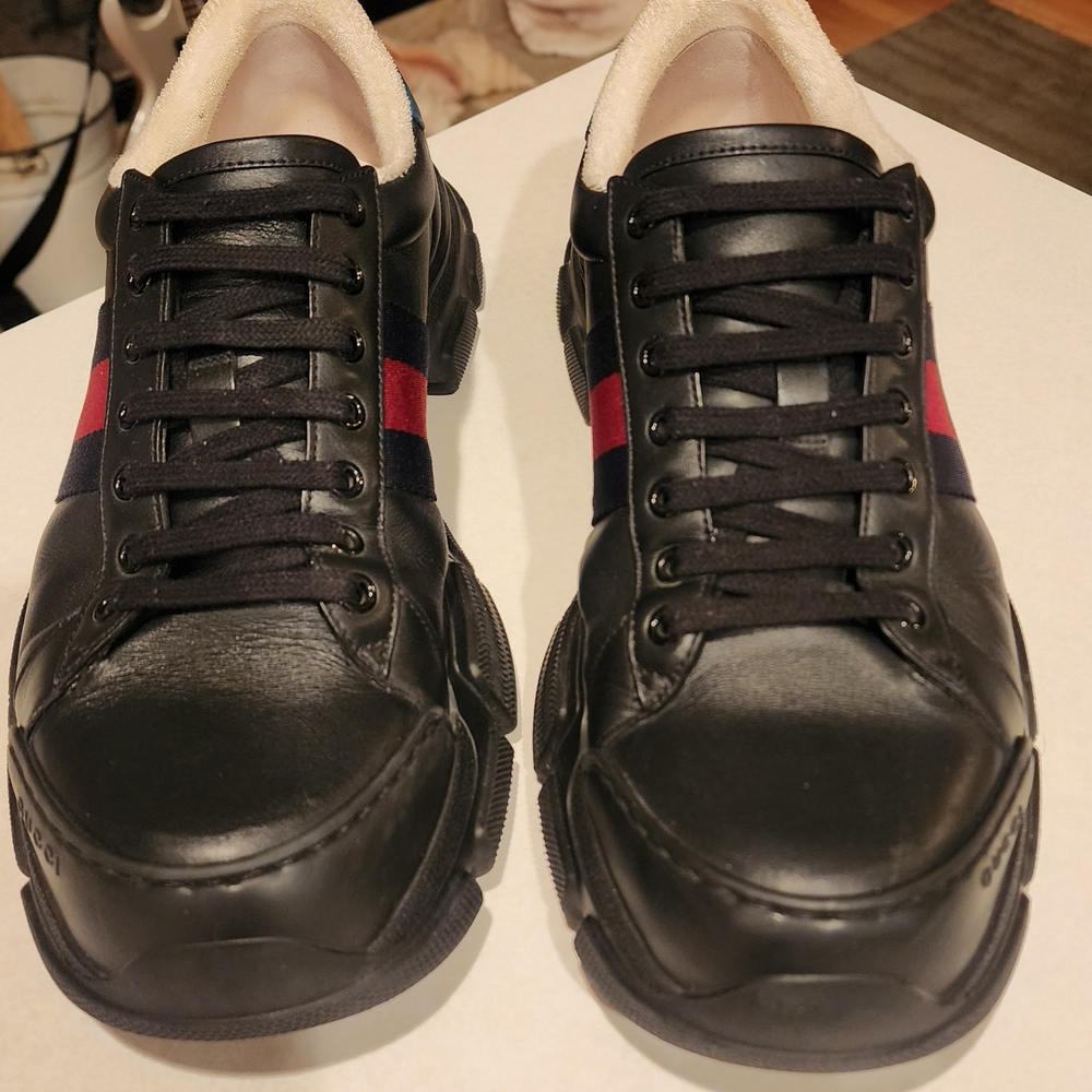 Gucci Black Leather Men's Shoes with Red and Blue Stripes - Picture 5 of 12